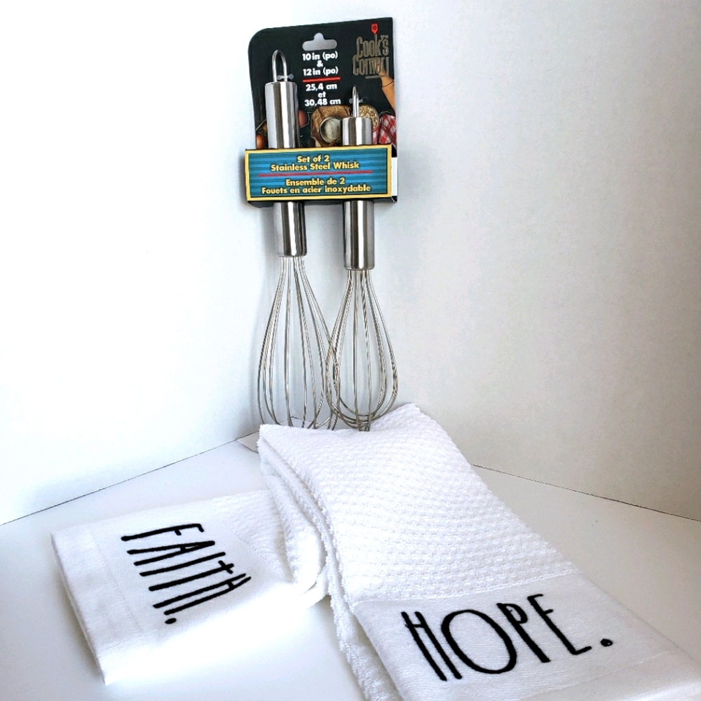 Rae Dunn White Kitchen Towels "HOPE." & "FAITH." with Stainless Steel Whisks